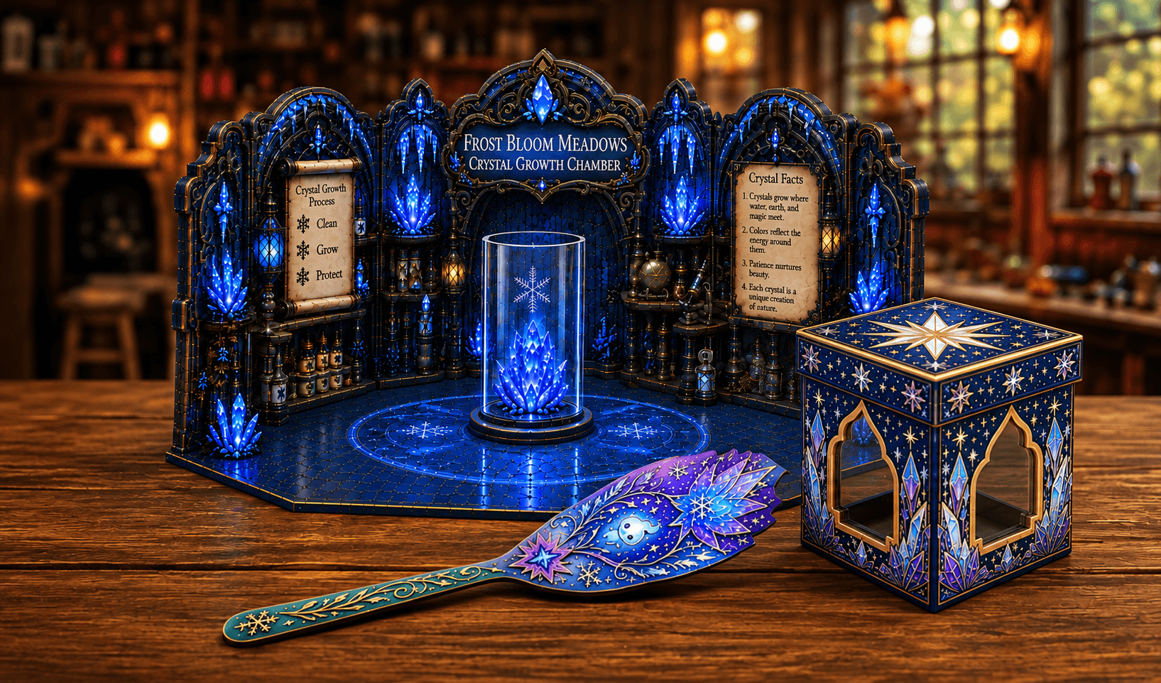 A luminous blue Frost Bloom Meadows activity set, story box, and magic brush on a wooden table