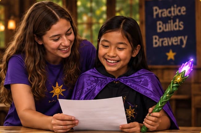 A counselor helps a camper prepare to share her magic