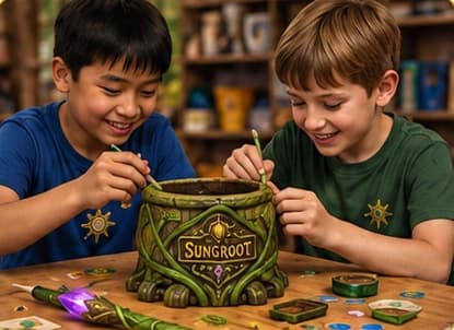 Two campers investigate a Sunroot activity kit together