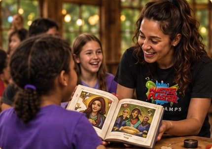 A counselor shares an illustrated storybook with campers