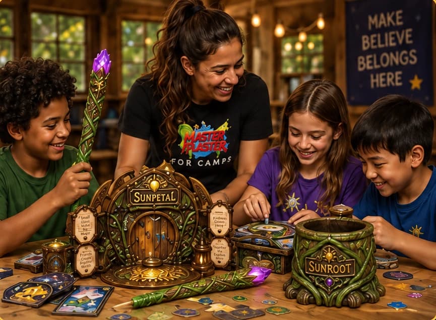 A counselor and three campers exploring a Sunpetal story world and magic kit