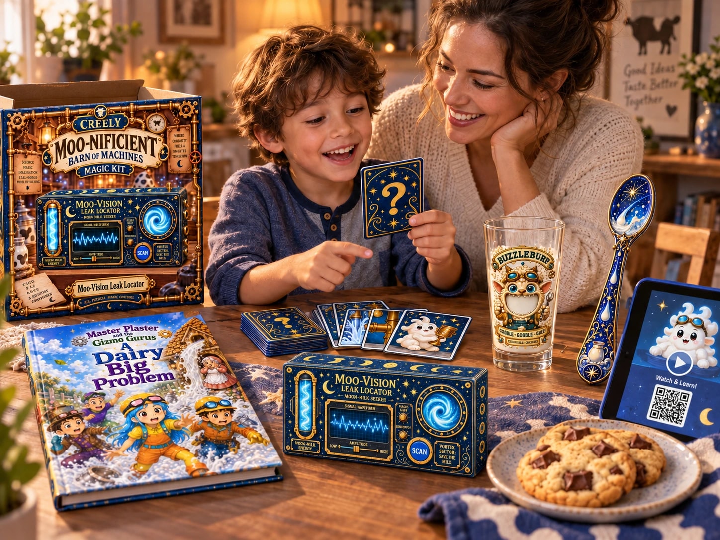 An adult and child explore story-world cards and a magic kit together