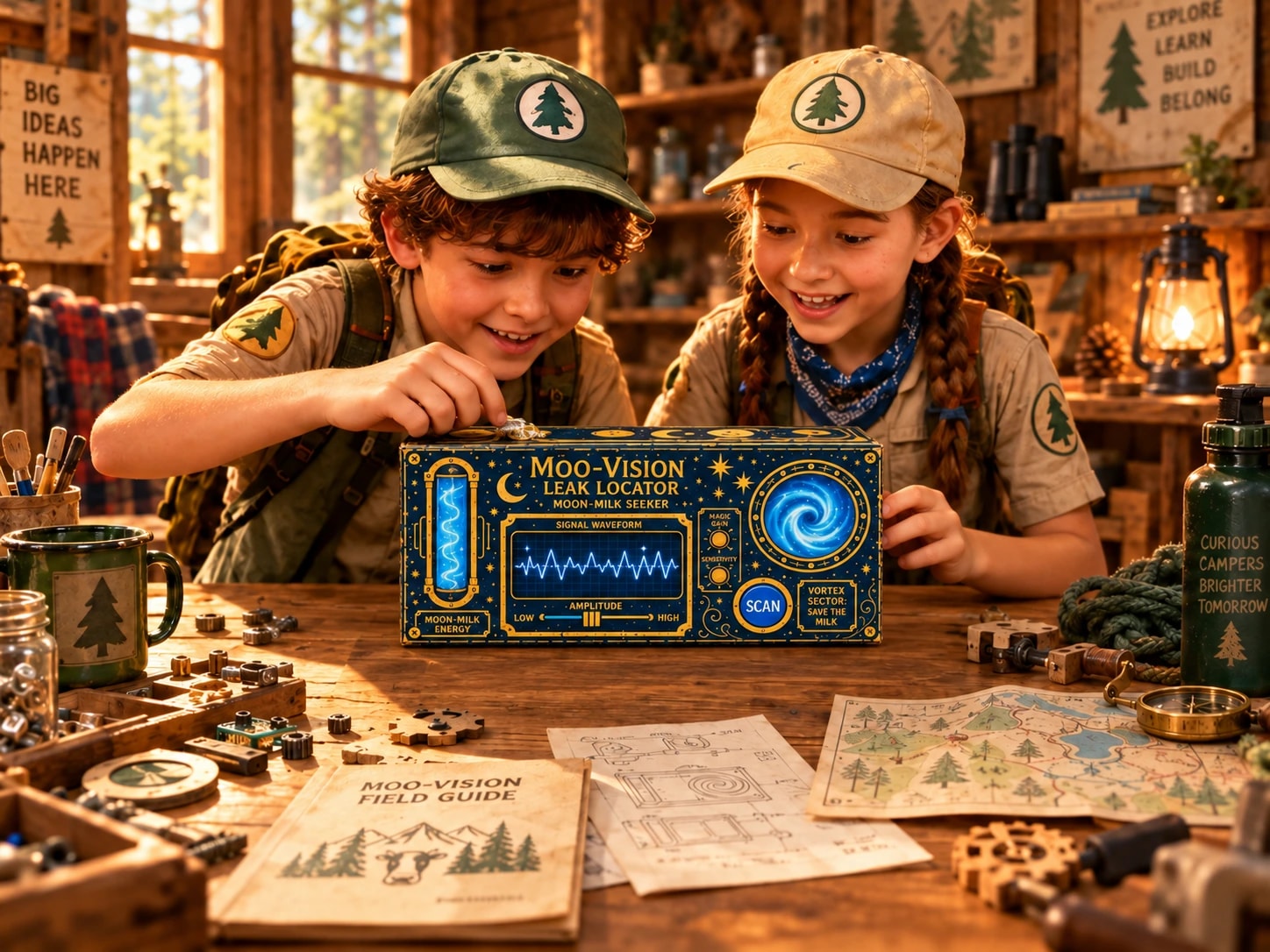 Two campers investigate the Moo-Vision discovery kit together