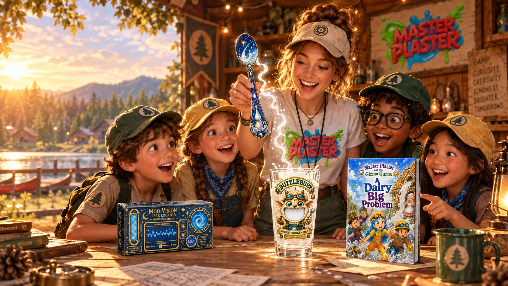 A counselor and four campers exploring a storybook, magic goblet and Moo-Vision kit at camp