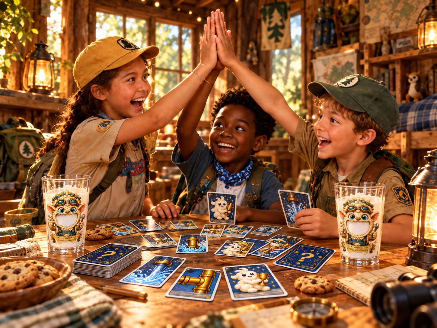 Three campers celebrate together over a story-world card game