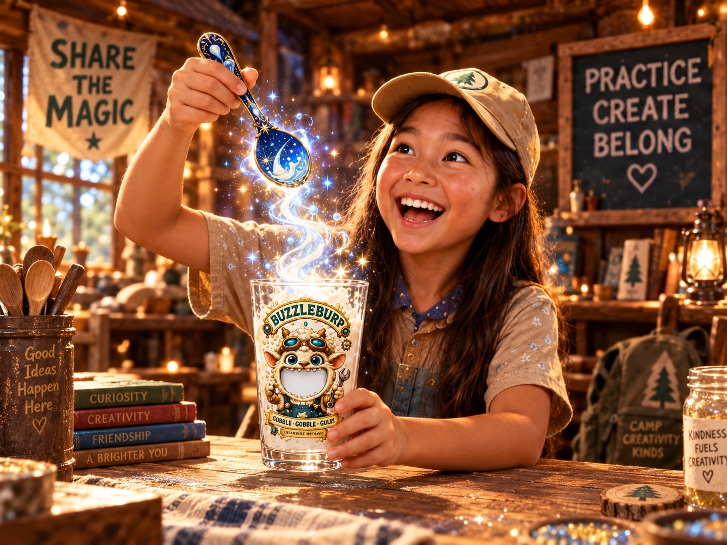A camper practices a magical spoon and goblet performance