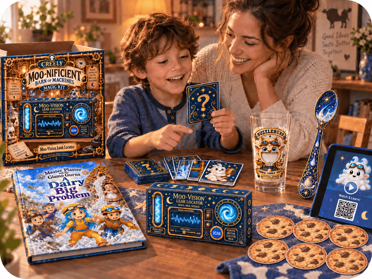 An adult and child explore story-world cards and a magic kit together