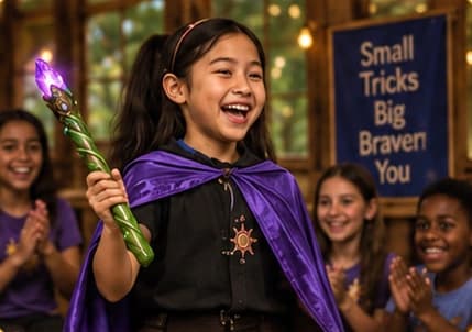 A camper in a purple cape shares her magic with the group