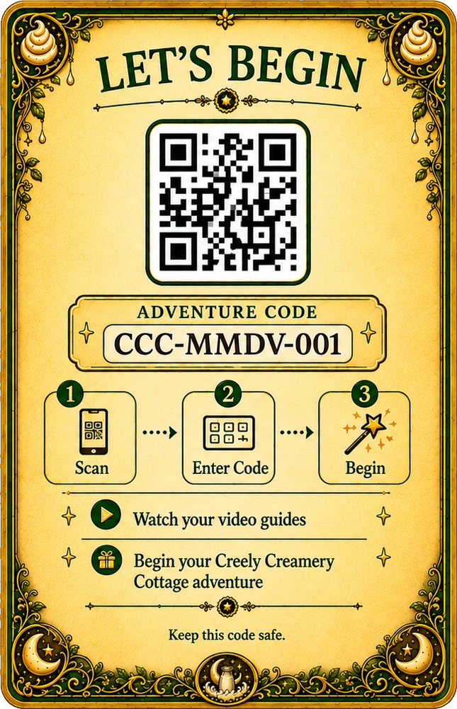Start Here card, back, with an example QR code and adventure code
