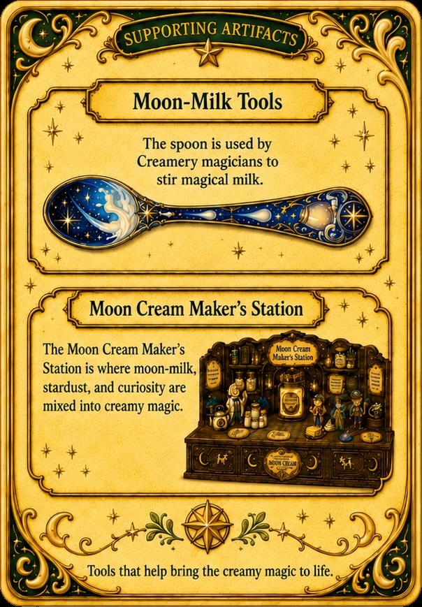 Supporting artifacts card with Moon-Milk Tools and Moon Cream Maker’s Station