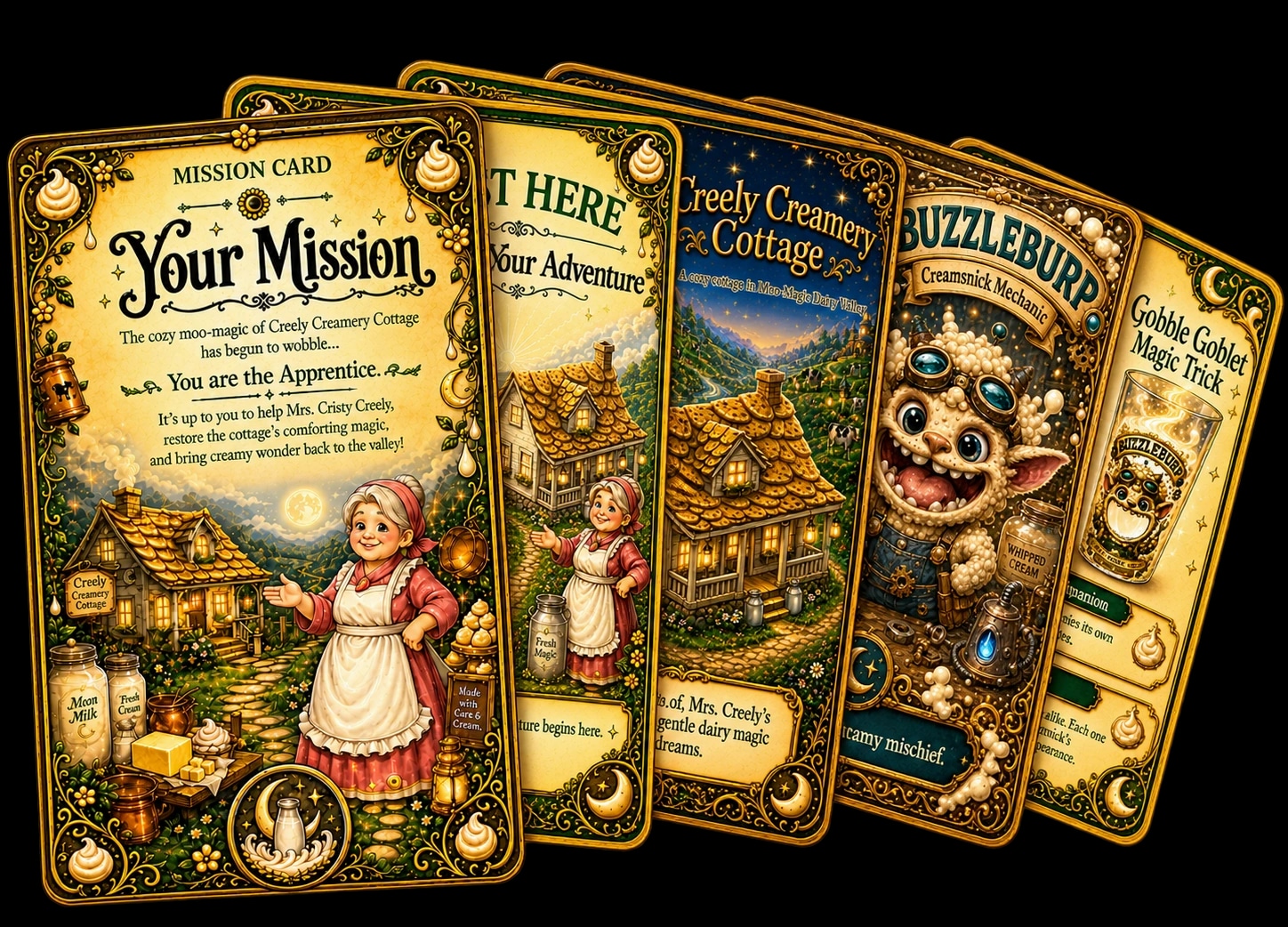 Five printed Creely Creamery Cottage adventure cards