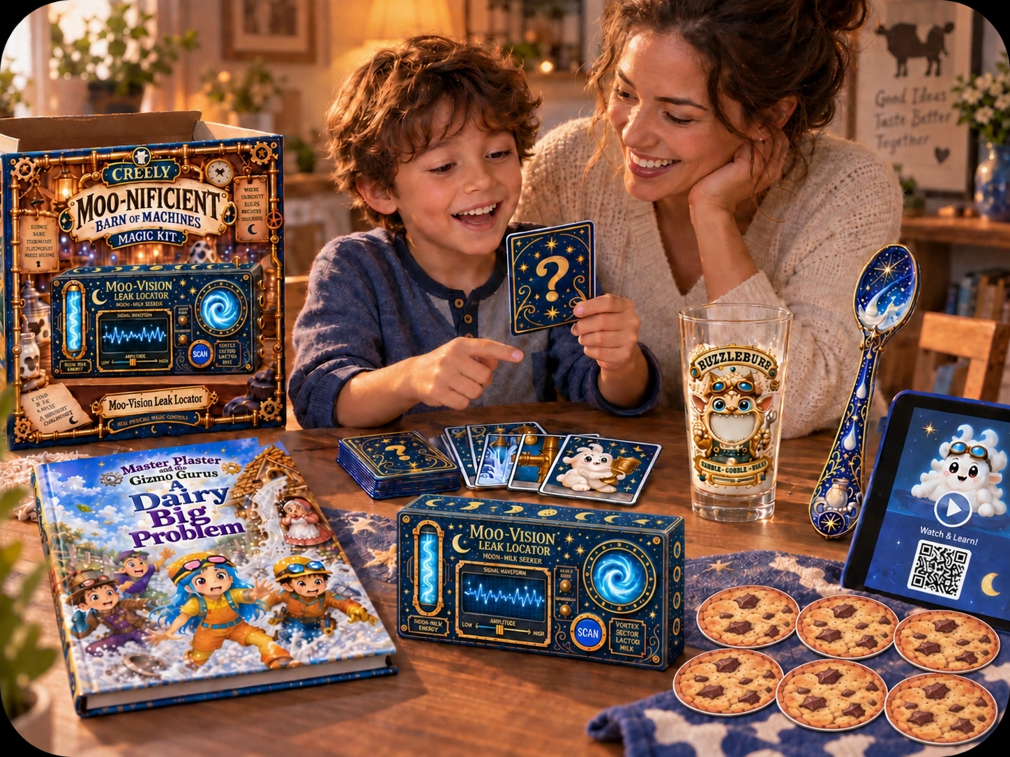 A child and parent exploring their take-home kit, cards and digital tutorial together