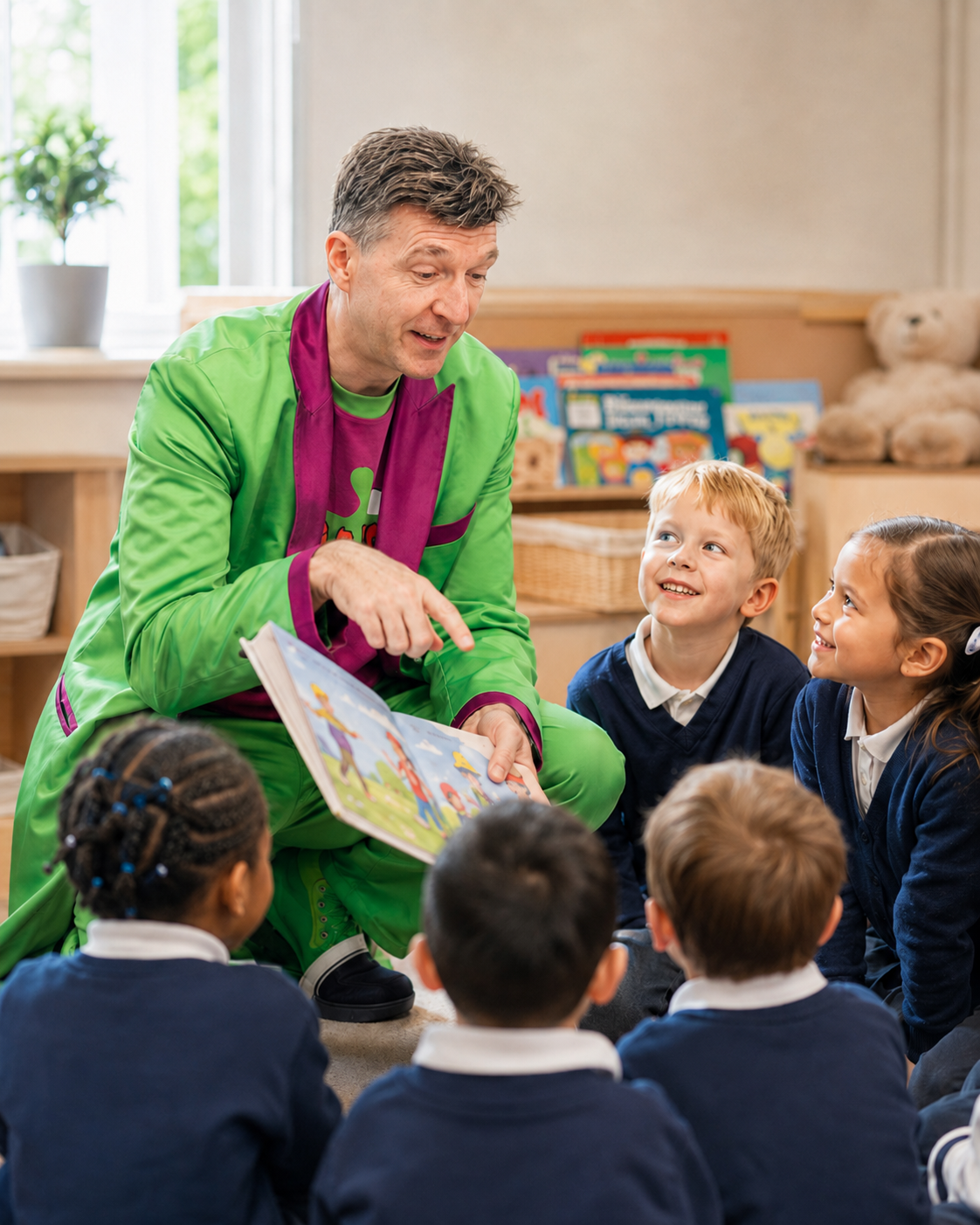 Master Plaster sharing a story with early years students