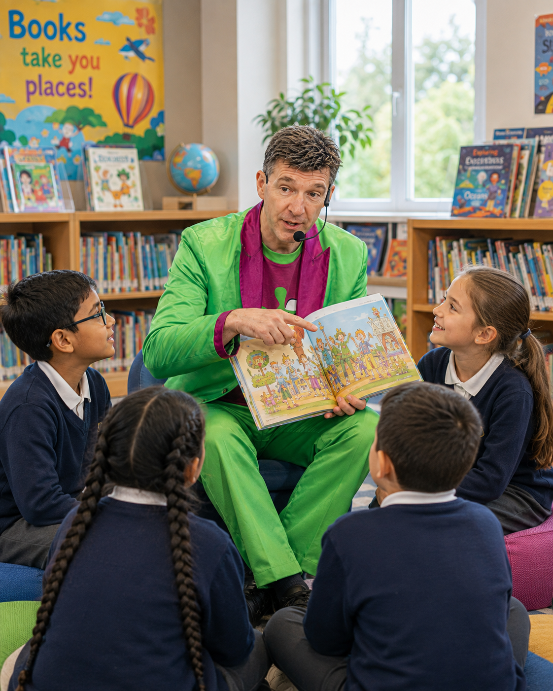 Master Plaster sharing a story with primary school students