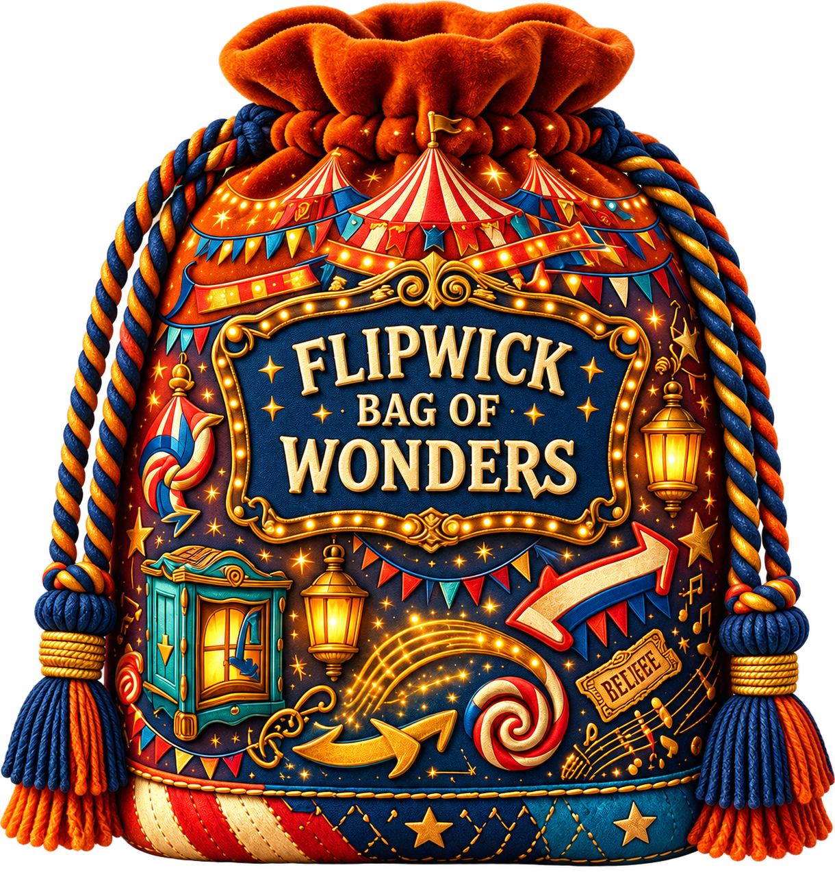 The circus-themed Flipwick Bag of Wonders shown from the front and back