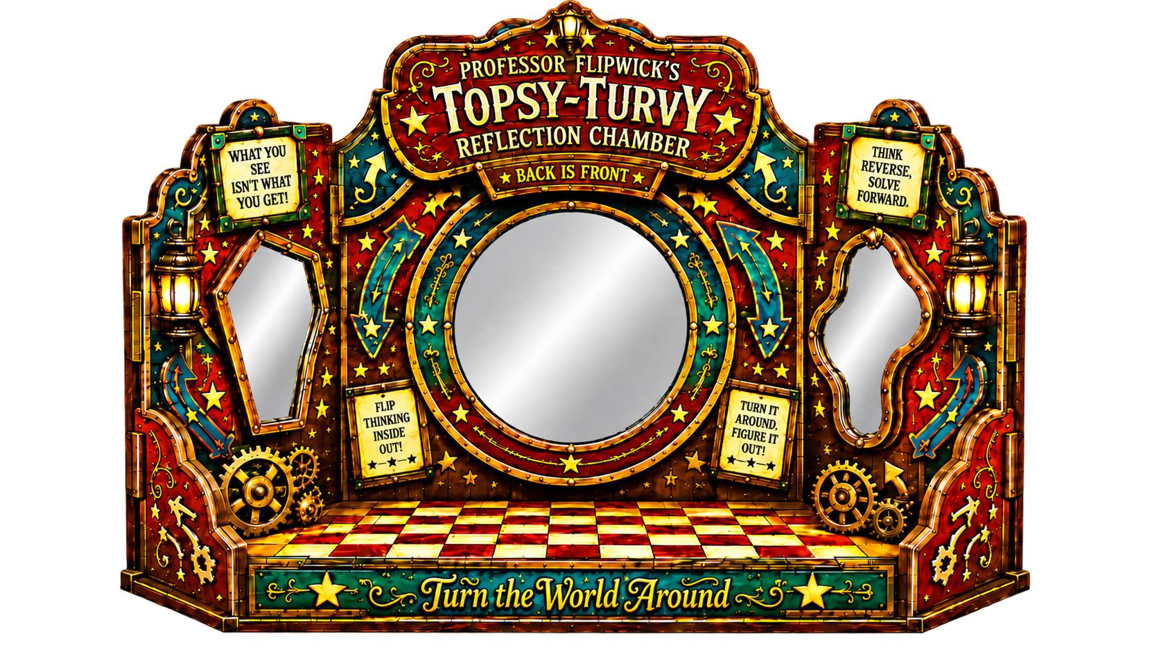 Professor Flipwick’s three-panel Topsy-Turvy Reflection Chamber